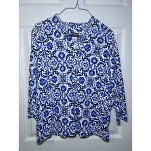 Lark Lane Women’s Long Sleeve Embellished Blouse Blue/White Size Large